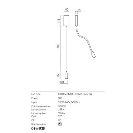 Redo 01-2754 - LED Аплик WALLIE LED/3W/230V USB CRI 90 бял