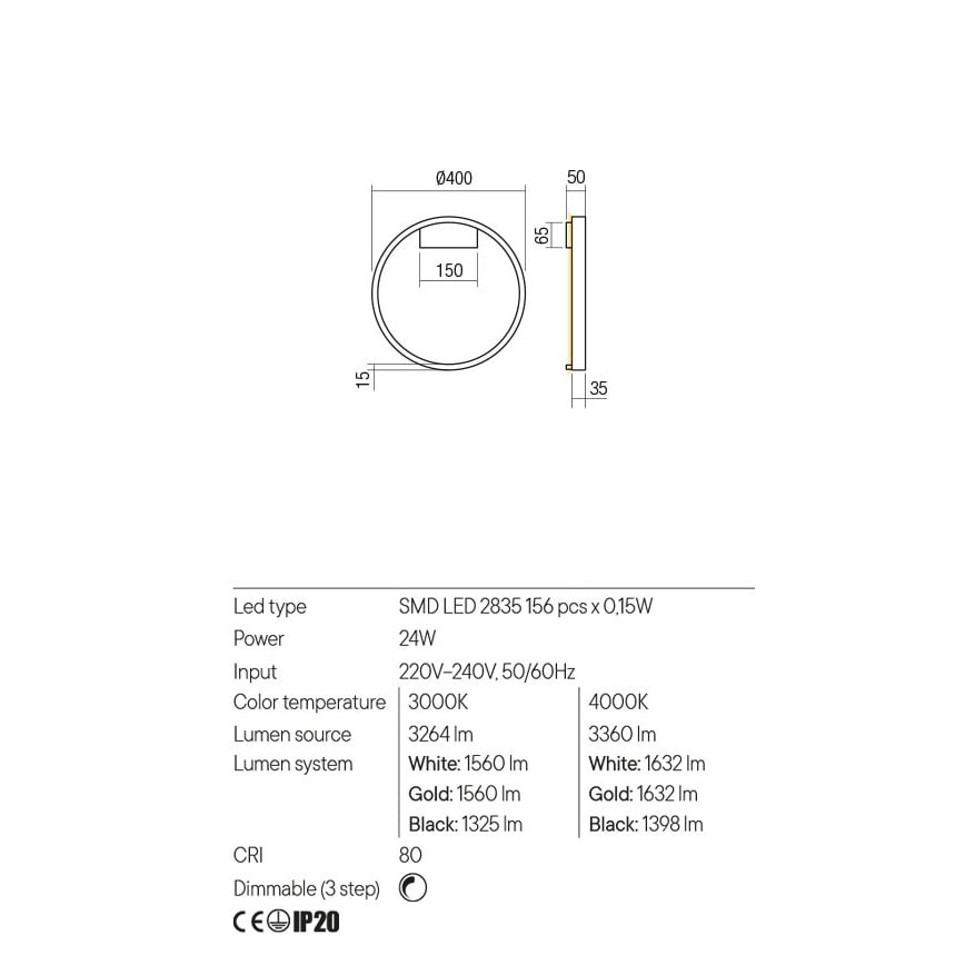 Redo 01-2819 - Димируемо LED стенно осветително тяло FEBE LED/24W/230V черно