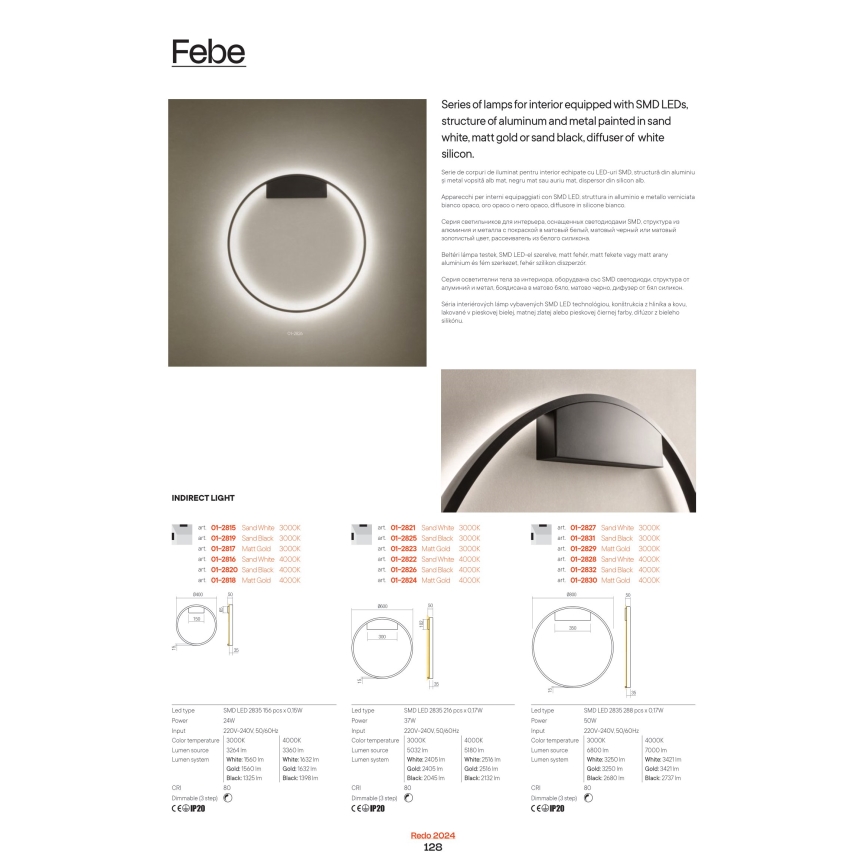 Redo 01-2835 - LED Димируемо стеннo осветително тяло FEBE LED/24W/230V златисто