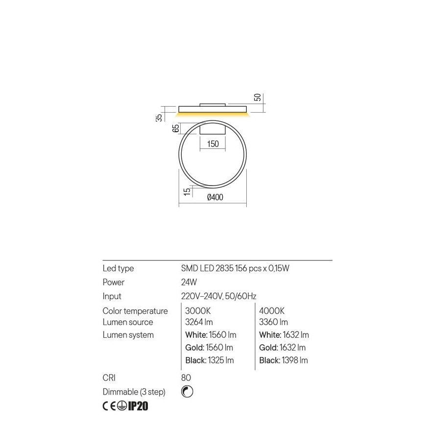 Redo 01-2835 - LED Димируемо стеннo осветително тяло FEBE LED/24W/230V златисто