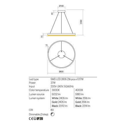 Redo 01-2865 - LED полилей на кабел FEBE LED/37W/230V, златен, с възможност за димиране