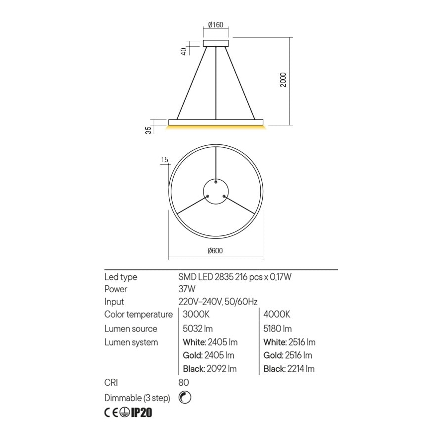 Redo 01-2867 - LED Димируем пендел FEBE LED/37W/230V черен