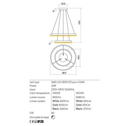 Redo 01-2889 - LED Димируем пендел FEBE LED/62W/230V златист