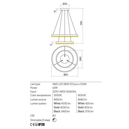 Redo 01-2889 - LED полилей на кабел с възможност за димиране FEBE LED/62W/230V златист