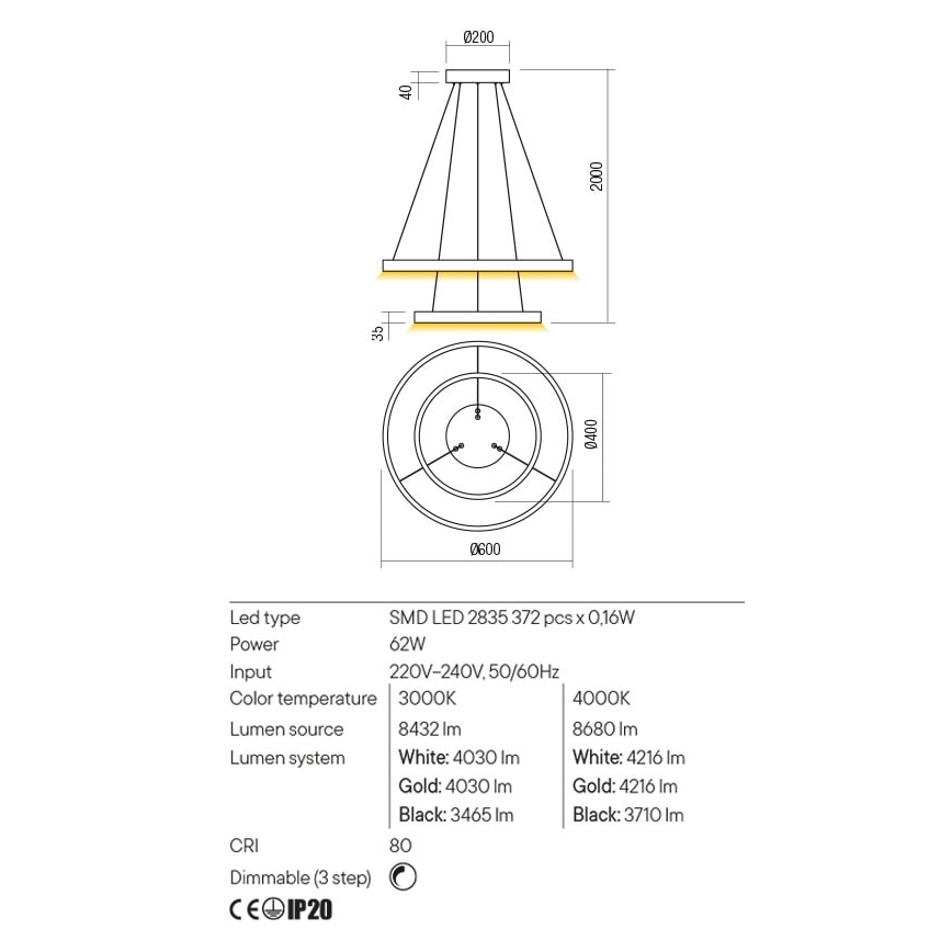 Redo 01-2889 - LED полилей на кабел с възможност за димиране FEBE LED/62W/230V златист
