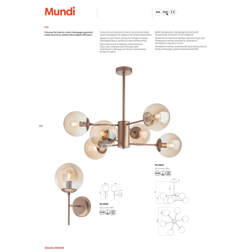 Redo 01-2943 - Висящ полилей MUNDI 6xE14/28W/230V меден