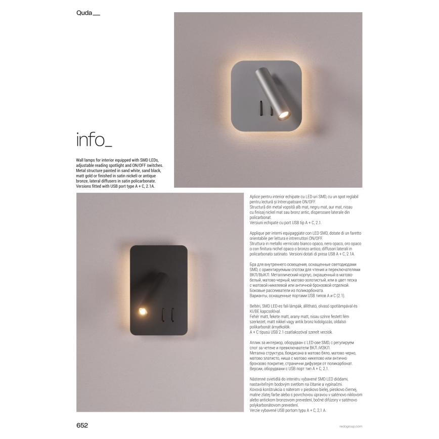 Redo 01-2977 - LED стенно осветително тяло QUDA LED/6W/230V + LED/3W 3000K CRI 90 златно