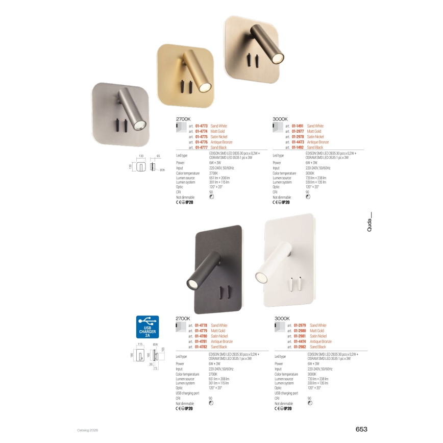 Redo 01-2977 - LED стенно осветително тяло QUDA LED/6W/230V + LED/3W 3000K CRI 90 златно