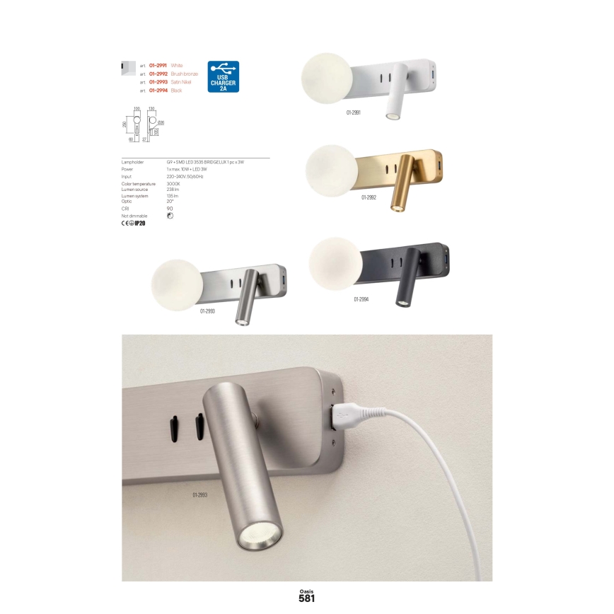 Redo 01-2993 - LED стенен аплик OASIS LED/3W/230V + 1xG9/10W USB CRI 90 лъскав хром