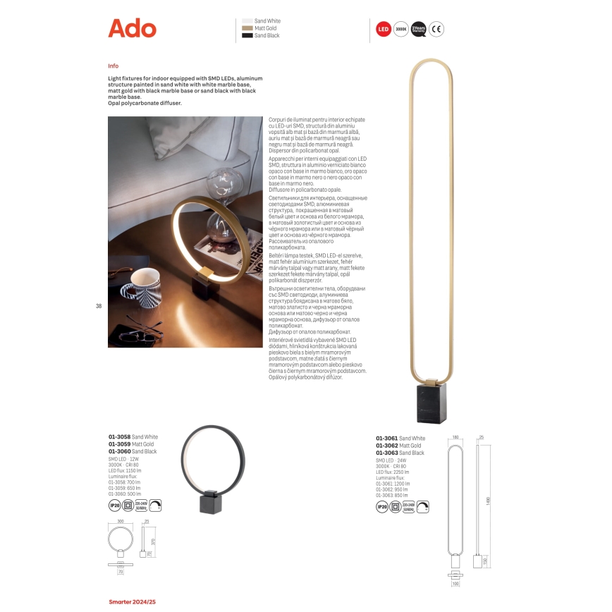 Redo 01-3062 - LED Димируем лампион ADO LED/24W/230V златист