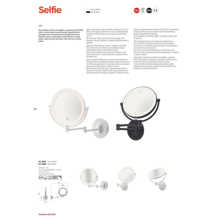 Redo 01-3088 - LED Димируем докосване козметично огледало SELFIE LED/7W/230V 3000/4000/6000K черен