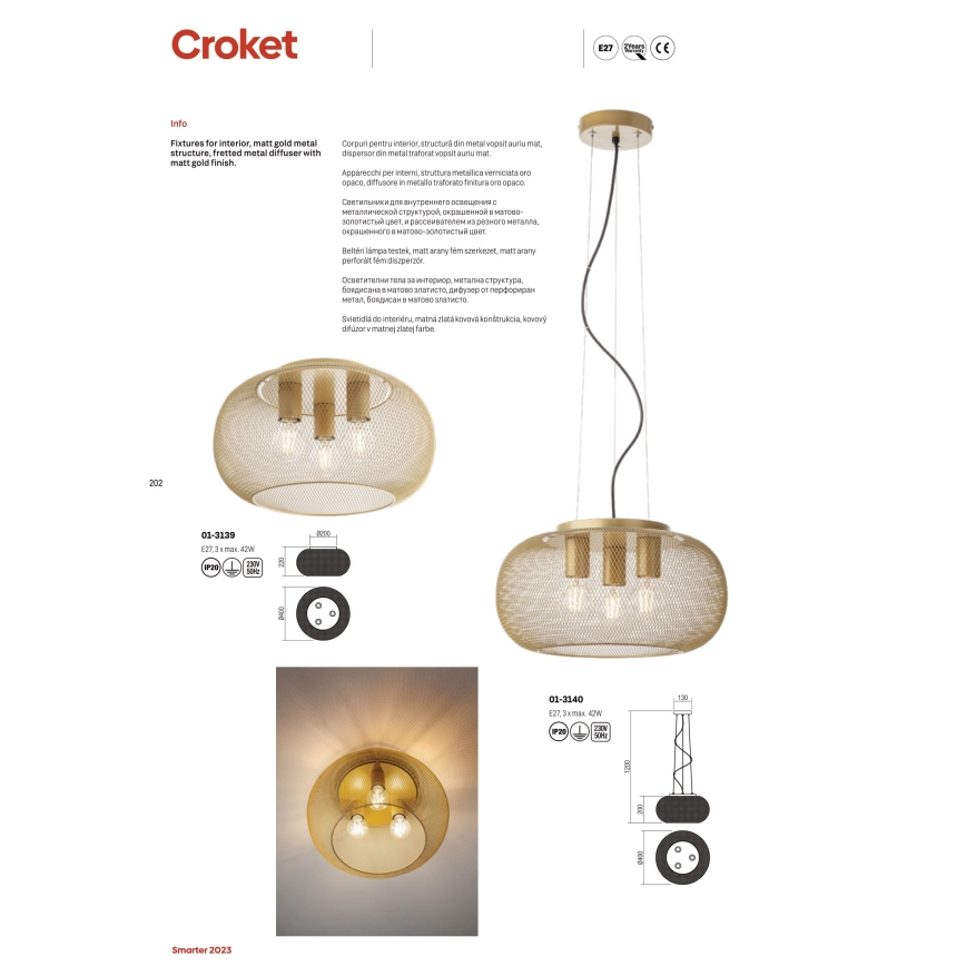 Redo 01-3139 - Плафон CROKET 3xE27/42W/230V Ø 40 см златист