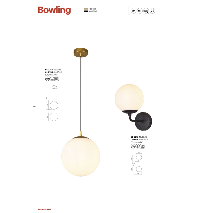Redo 01-3153 - Пендел BOWLING 1xE27/42W/230V златист