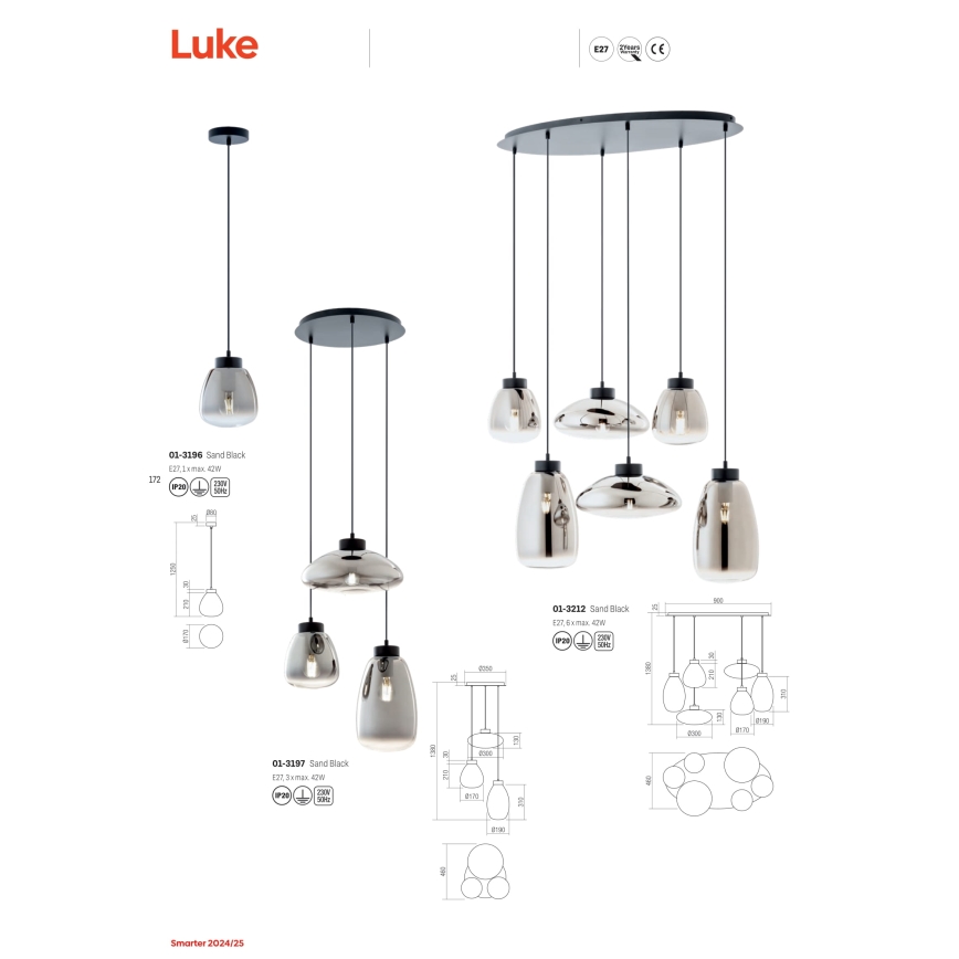 Redo 01-3196 - Пендел LUKE 1xE27/42W/230V Ø 17 см черен