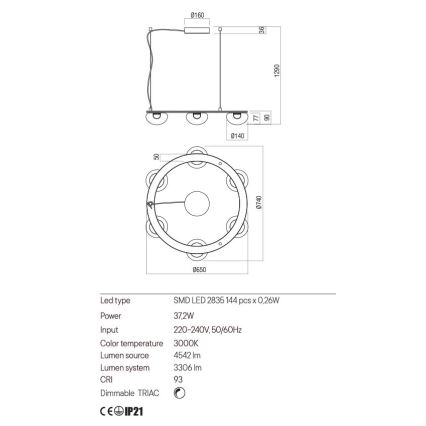 Redo 01-3247- LED Димируем пендел SINCLAIR LED/37,2W/230V CRI 93 IP21 златист