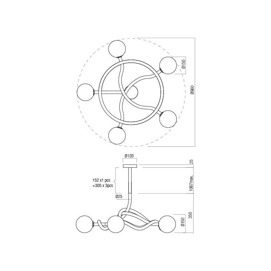 Redo 01-3258 - Полилей на тръба CONFUSIO 5xE14/28W/230V Ø 96 см, златен