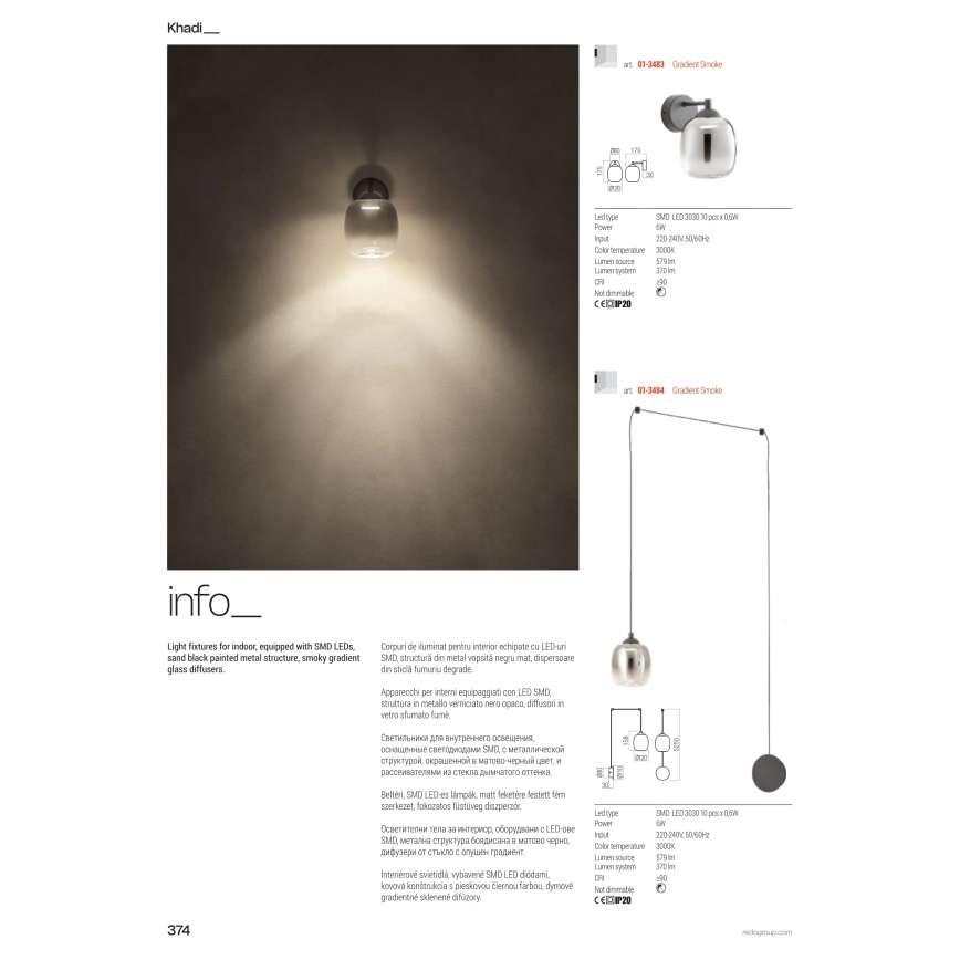 Redo 01-3483 - LED стенна лампа KHADI LED/6W/230V CRI 90 черна/опушена