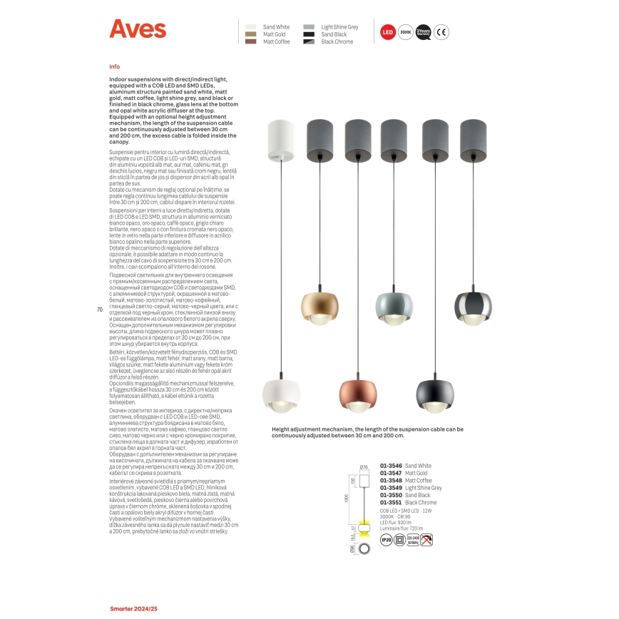 Redo 01-3549 - LED Пендел AVES LED/12W/230V Ø 9,6 см CRI 90 сив