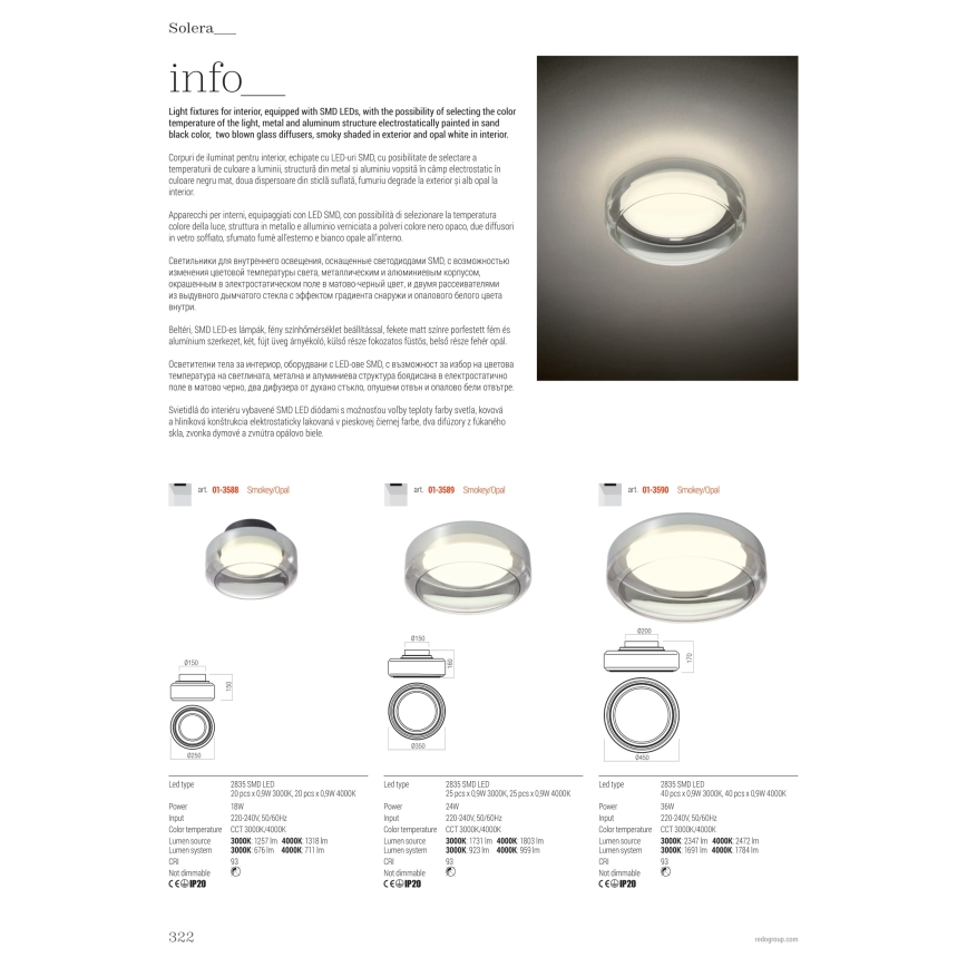 Redo 01-3589 - LED Плафониера SOLERA LED/24W/230V Ø 35 см CRI 93 3000/4000K сив
