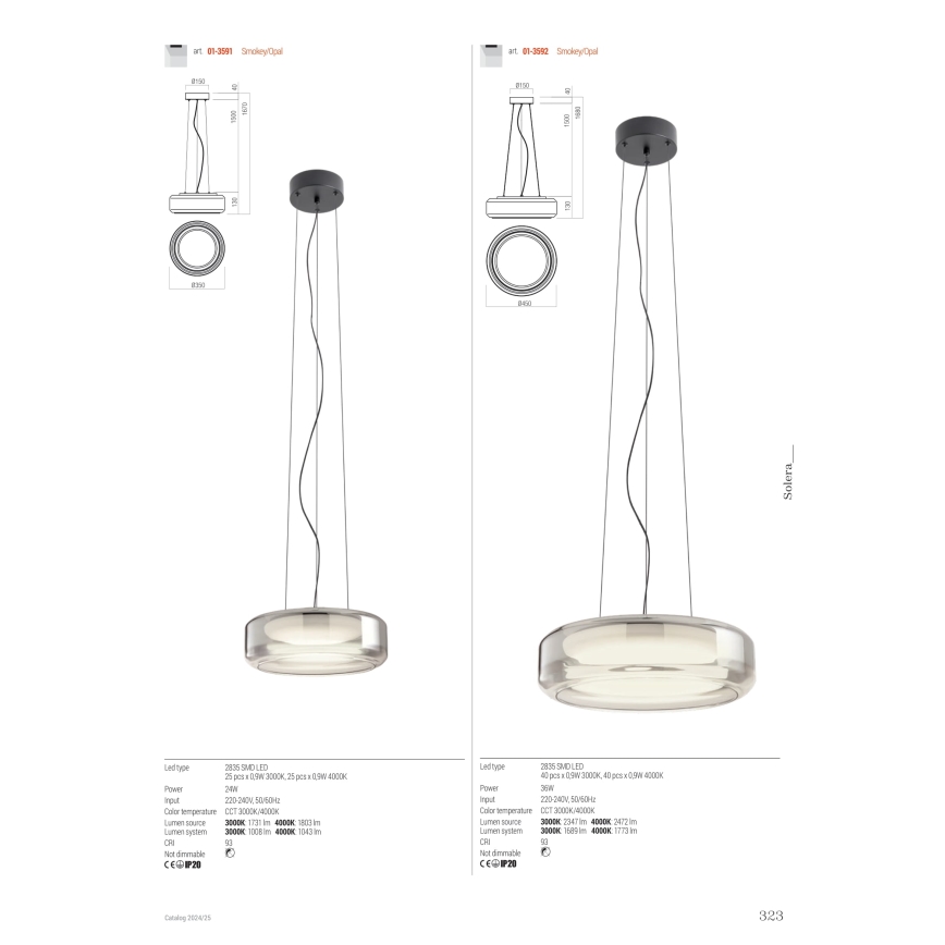 Redo 01-3592 - LED Пендел SOLERA LED/36W/230V Ø 45 см CRI 93 3000/4000K сив