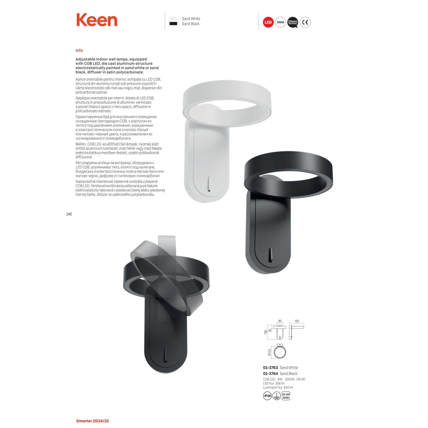 Redo 01-3764 - LED аплик KEEN LED/6W/230V CRI 90 черен