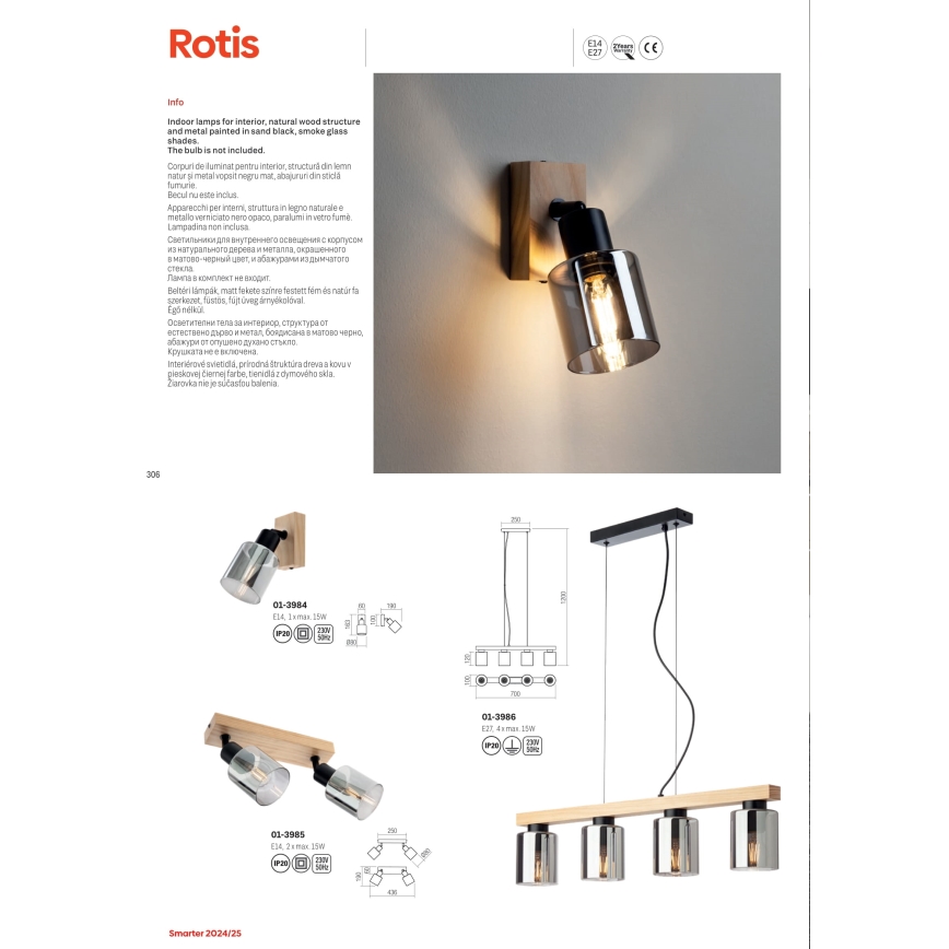 Redo 01-3986 - Пендел ROTIS 4xE27/15W/230V