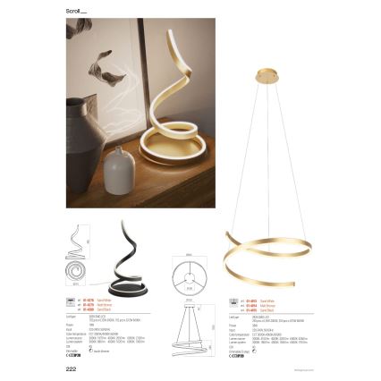 Redo 01-4013 - Полилей SCROLL на кабел с възможност за димиране LED/38W/230V 3000K/4000K/6000K CRI 90 Ø 60 см бял