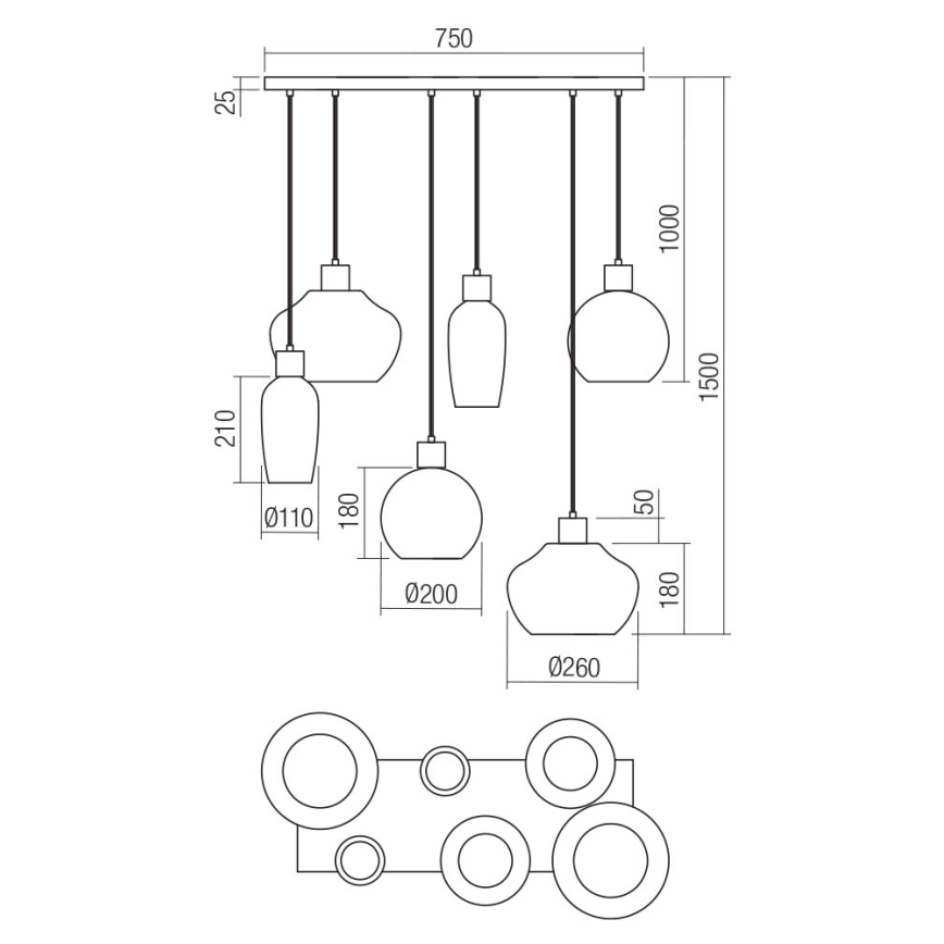 Redo 01-4047 - Пендел ATLANTIS 6xE27/42W/230V черен