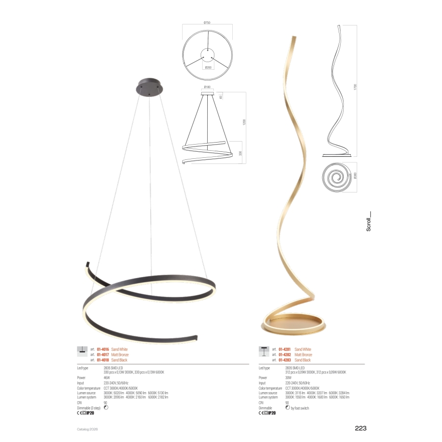Redo 01-4282 - димируема LED подова лампа SCROLL LED/30W/230V 3000K/4000K/6000K CRI 90 златна