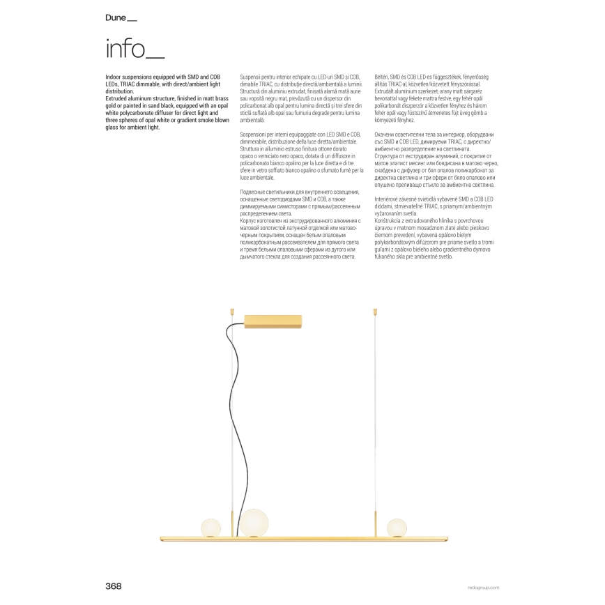 Redo 01-4301 - LED димируем полилей на кабел DUNE LED/48W/230V 3000K CRI 90 бял/златист