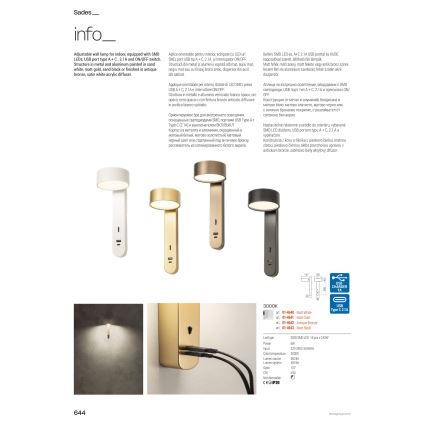 Redo 01-4643 - LED стенен аплик SADES LED/6W/230V CRI 90 USB черен