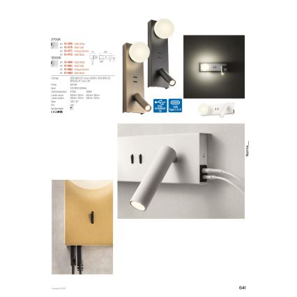 Redo 01-4660 - LED стенно осветително тяло NORMA LED/5W/230V + LED/3W CRI 90 USB бяло