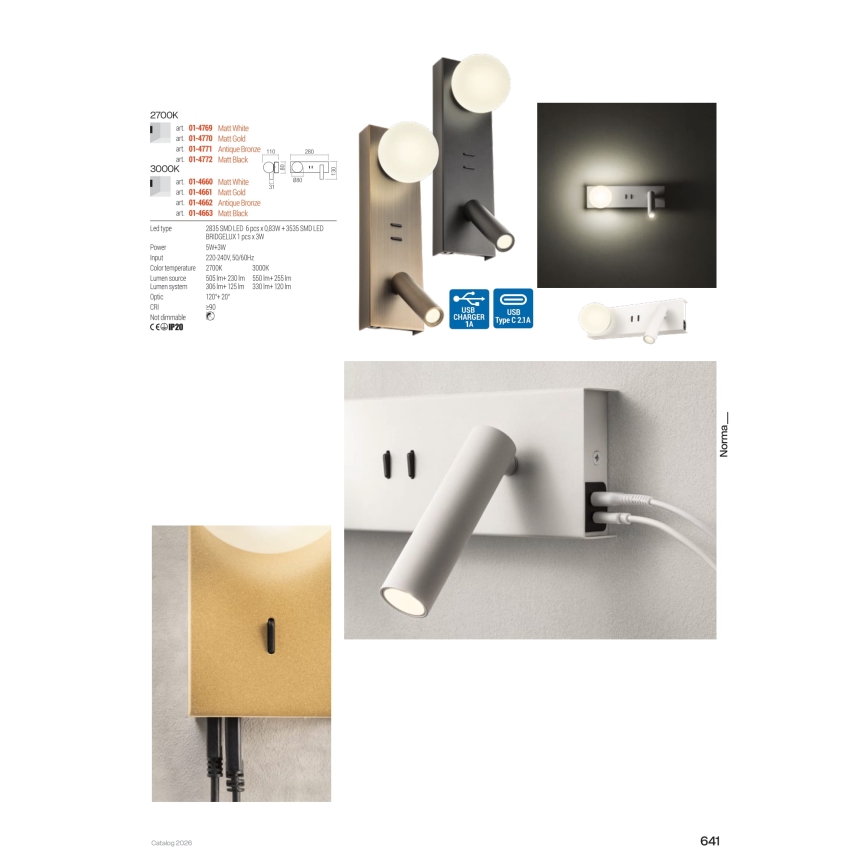 Redo 01-4660 - LED стенно осветително тяло NORMA LED/5W/230V + LED/3W CRI 90 USB бяло