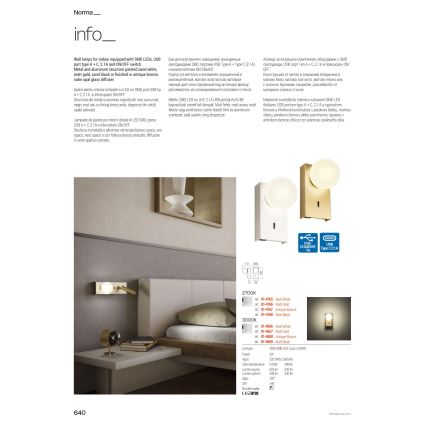 Redo 01-4661 - LED стенен аплик NORMA LED/5W/230V + LED/3W, CRI 90, USB, бял/златист