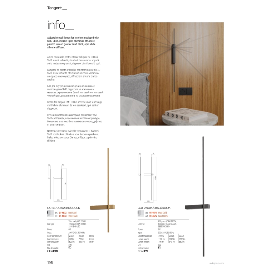 Redo 01-4673 - LED стенен осветител TANGENT LED/6W/230V 2700/2850/3000K 73 cm CRI 90 черен