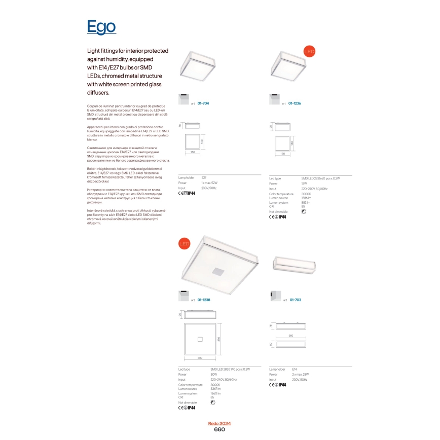 Redo 01-704 - Плафон за баня EGO 1xE27/52W/230V 18x18 см IP44