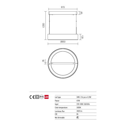 Redo 01-924 - LED Пендел BOND LED/47W/230V 3000K сив