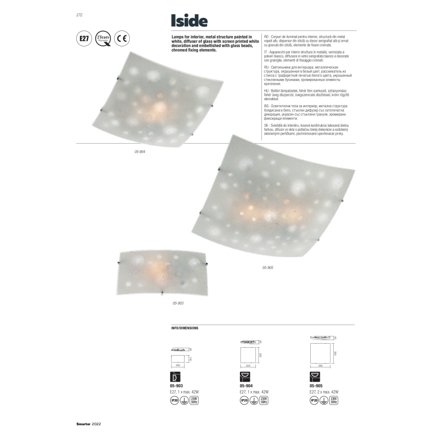 Redo 05-903 - Плафон ISIDE 1xE27/42W/230V, прозрачно стъкло