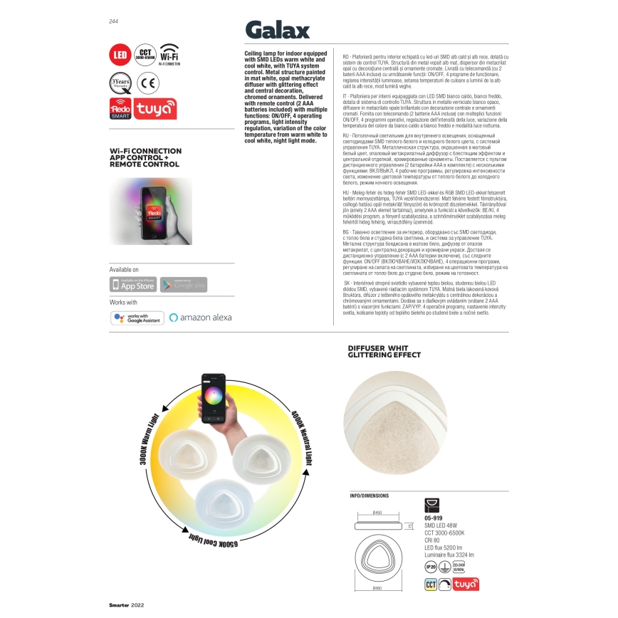 Redo 05-919 - Димируем плафон GALAX LED/48W/230V 3000–6500K Wi-Fi Tuya, Ø 48 см, бял + дистанционно управление