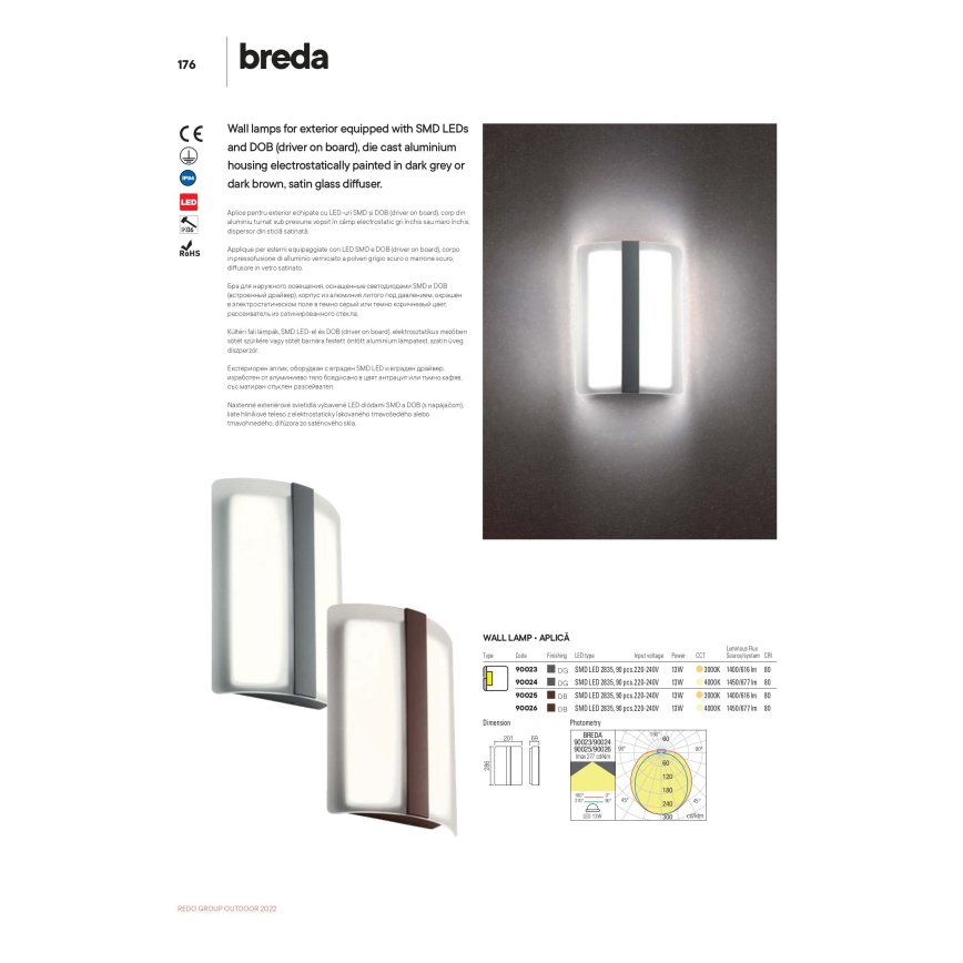 Redo 90023 - LED Екстериорна Стенна лампа BREDA 1xLED/12W/230V IP54