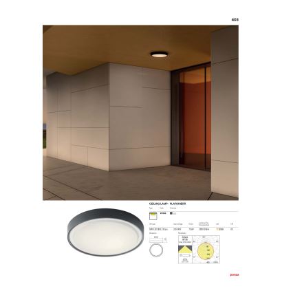 Redo 90155 - Екстериорна LED лампа за таван PONZA LED/16W/230V Ø 26 см IP65