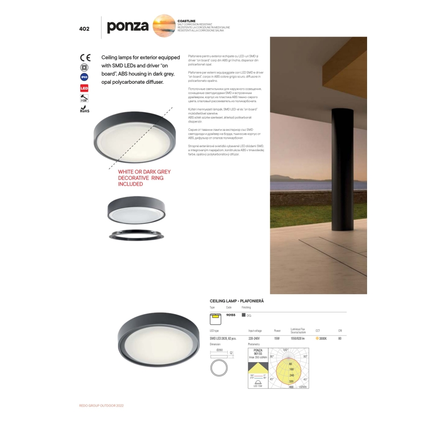 Redo 90156 - Екстериорна LED лампа за таван PONZA LED/18W/230V Ø 30 см IP65