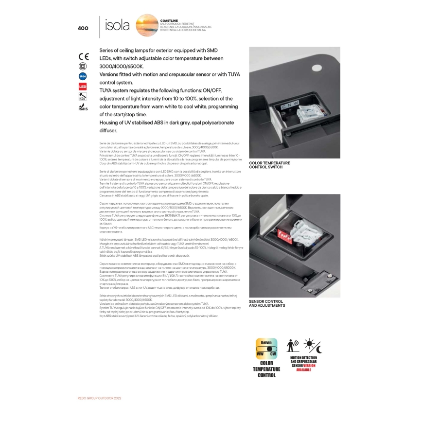 Redo 90290 - Екстериорна LED лампа за таван със сензор ISOLA LED/24W/230V Ø 26 см 3000/4000/6500K IP54 антрацит