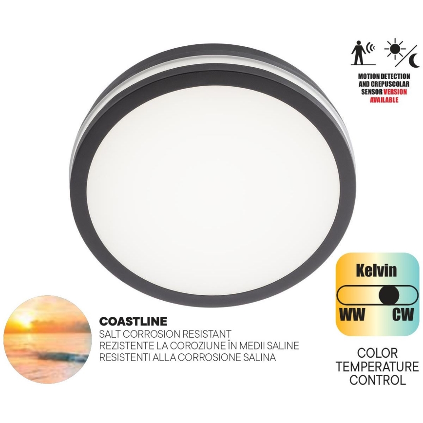 Redo 90290 - Екстериорна LED лампа за таван със сензор ISOLA LED/24W/230V Ø 26 см 3000/4000/6500K IP54 антрацит