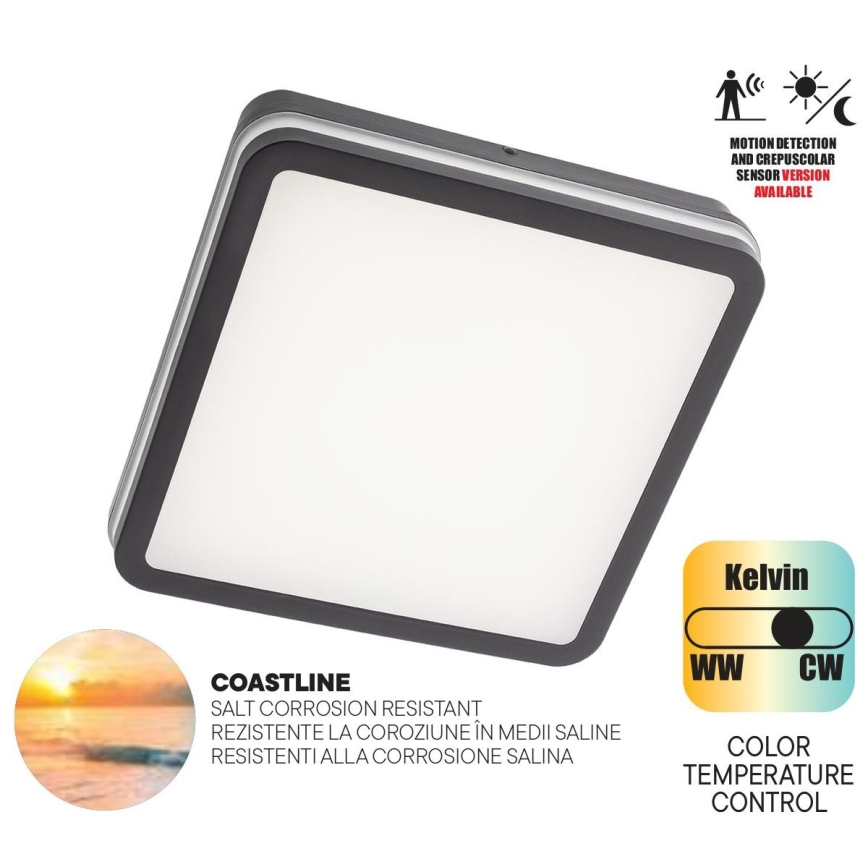 Redo 90292 - Екстериорна LED лампа за таван със сензор ISOLA LED/24W/230V 26x26 см 3000/4000/6500K IP54 антрацит