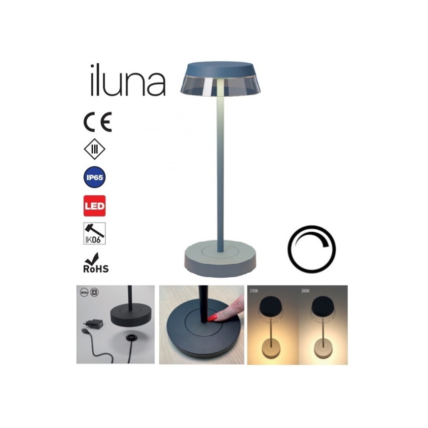 Redo 90310 - LED Димируема сензорна настолна лампа ILUNA LED/2,5W/5V 2700-3000K 3000 mAh IP65 син