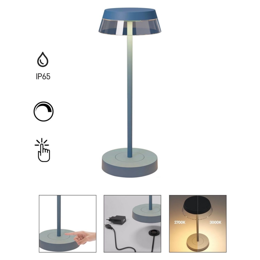 Redo 90310 - LED Димируема сензорна настолна лампа ILUNA LED/2,5W/5V 2700-3000K 3000 mAh IP65 син