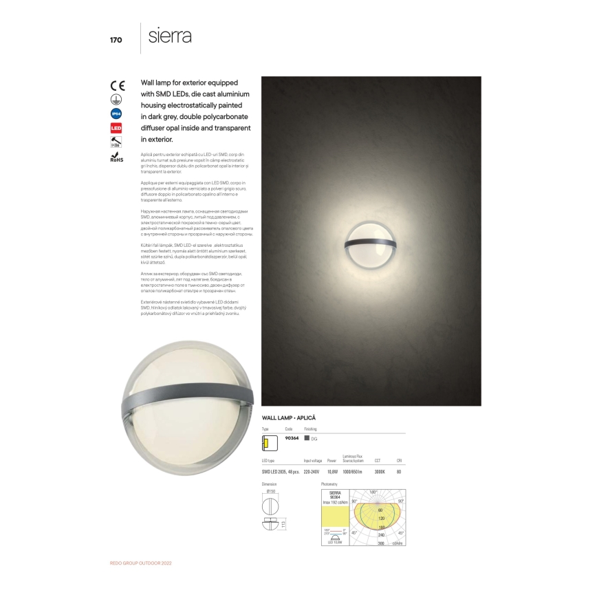 Redo 90364 - LED Екстериорен аплик SIERRA LED/10,8W/230V IP54