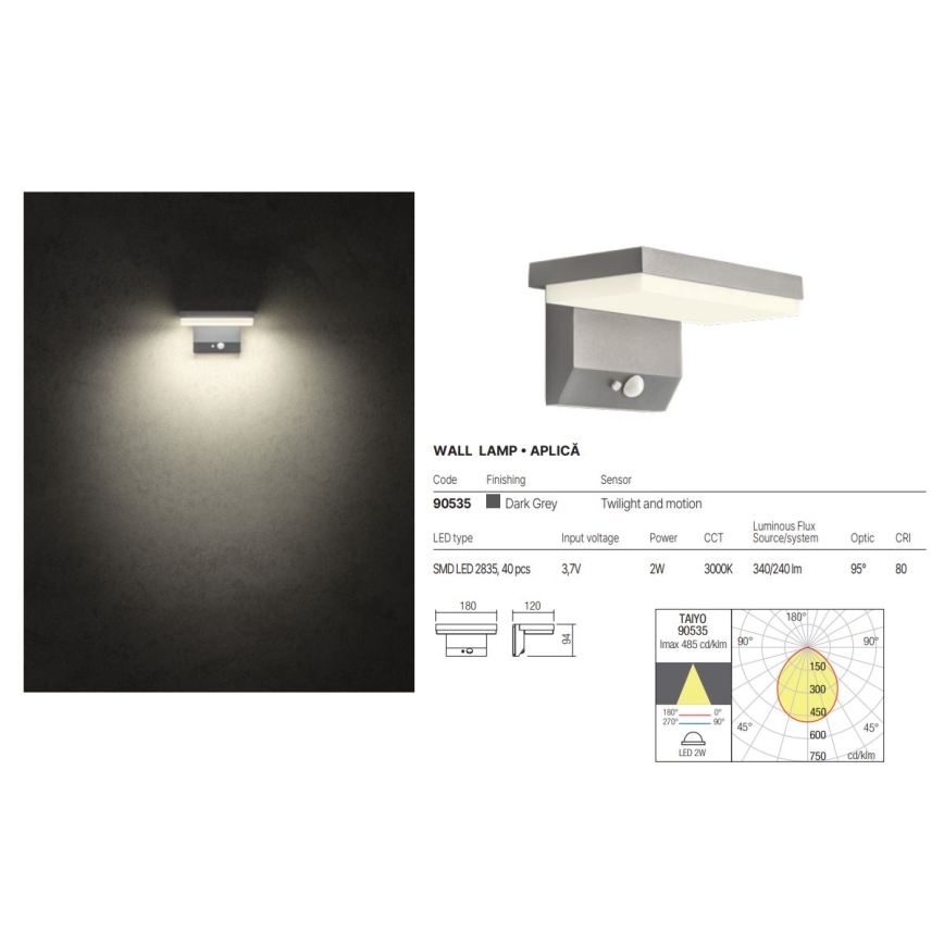 Redo 90535 - LED Соларен аплик със сензор TAIYO LED/2W/3,7V 3000K 2200 mAh IP54 антрацит
