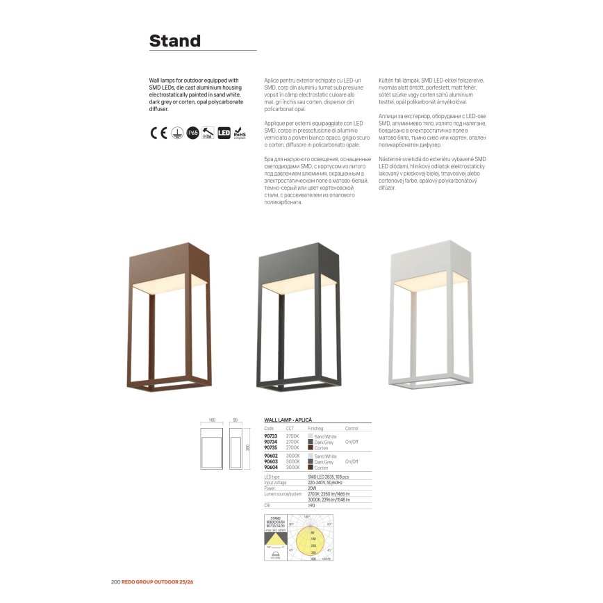 Redo 90604 - LED външна стенна лампа STAND LED/20W/230V 3000K CRI 90 IP65 кафява